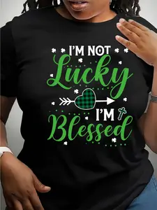 Women's T Shirt Black I'm Not Lucky I'm Blessed with Green Heart And Clover Pattern St Patrick's Day Celebration ApparelUnisex Mens&womens 2026 Round Neck Regular Fit Couple T-Shirts