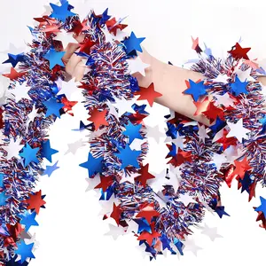 6.5Ft/200cm 4th of July Red White Blue Star Tinsel Garland Memorial Day Patriotic Decoration Independence Day Metallic Tree Garland Glitter Tinsel Hanging Twist for Veterans Day Patriotic Decor