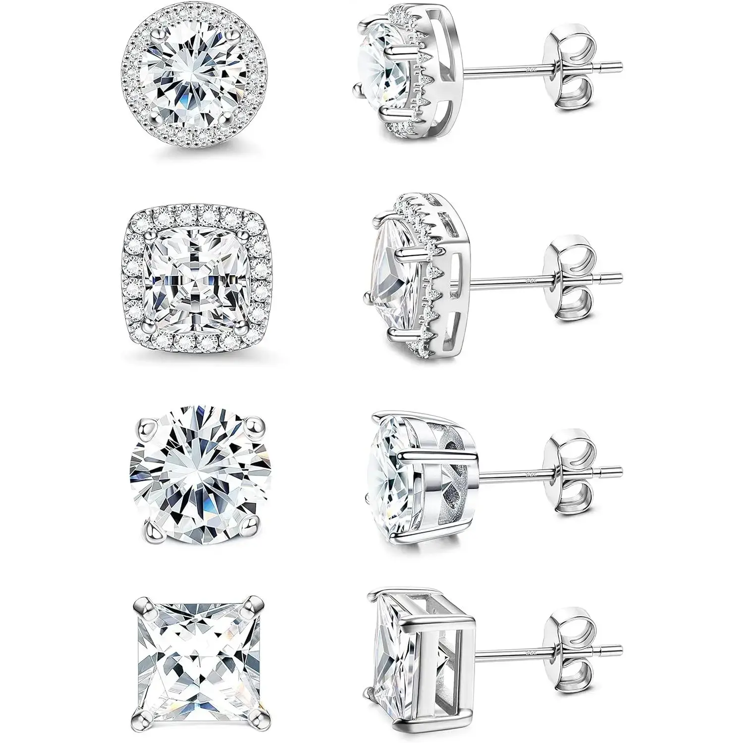 Hypoallergenic Stud Earrings for Women Men Silver Earrings for Sensitive Ears - 6/8/10mm Cubic Zirconia Earrings Studs-Gold Plated Simulated Diamond CZ Halo Earrings 2/4Pairs Flat Pierced Jewelry accessories