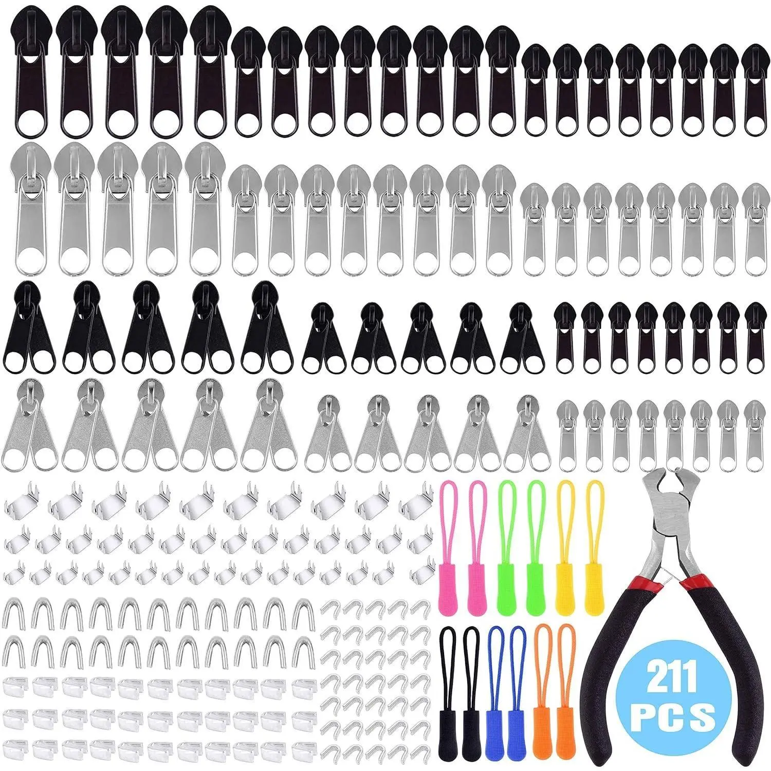 211-Pcs Home Supplies Zipper Repair Kit with Pliers - Match Size & Type, Includes Single/Double Silver & Black Zippers, Buttons, Stoppers, Luggage Fix, Home DIY Gift for Bag Repairs Multi