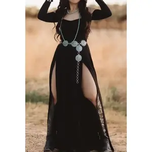 Women's Off-shoulder Slit Dress Black Casual Elegant Outfits Formal Wear Basic Minimalist Skirt Cotton Women's Fashion Womenswear