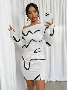 Women's Doodle Print Asymmetric Ruched Long Sleeve Dress, Elegant Slim-Fitting Wave Print, All Seasons Fashion, Perfect for Casual Wear