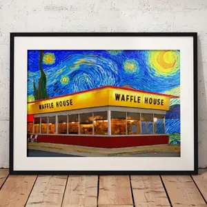 1pc Colorful Starry Sky Brightly Lit Warmth Waffle House Scene Canvas Print Wall Art - Canvas - For Living Room Home Decoration - Perfect Gift for Festival & Housewarming