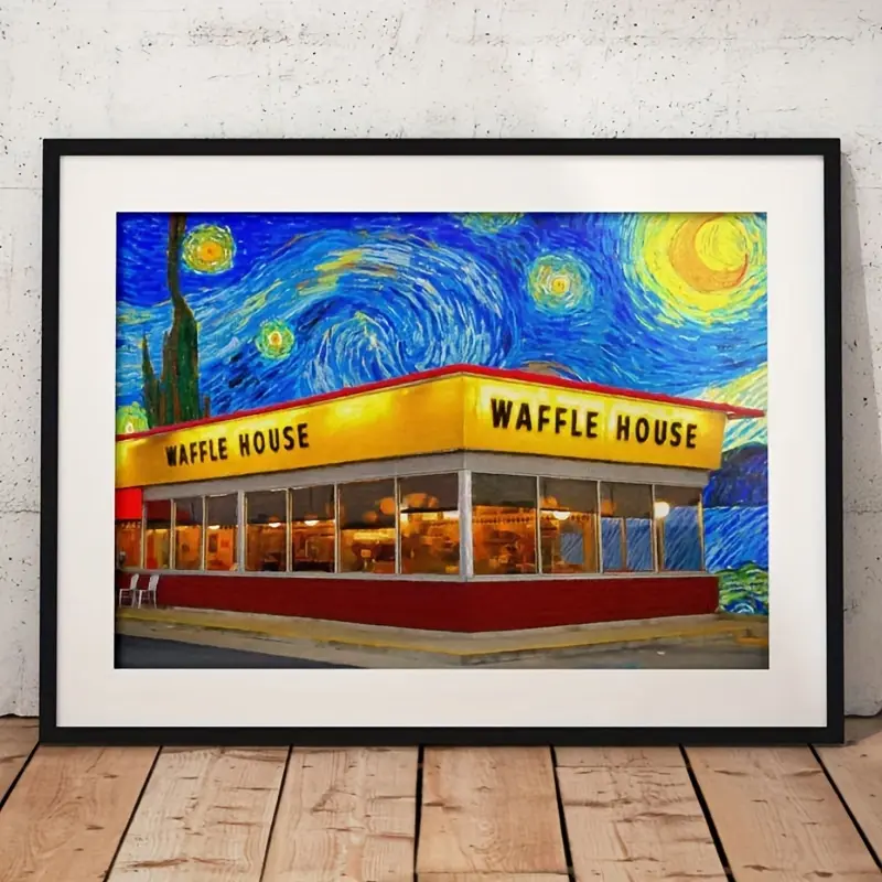 1pc Colorful Starry Sky Brightly Lit Warmth Waffle House Scene Canvas Print Wall Art - Canvas - For Living Room Home Decoration - Perfect Gift for Festival & Housewarming