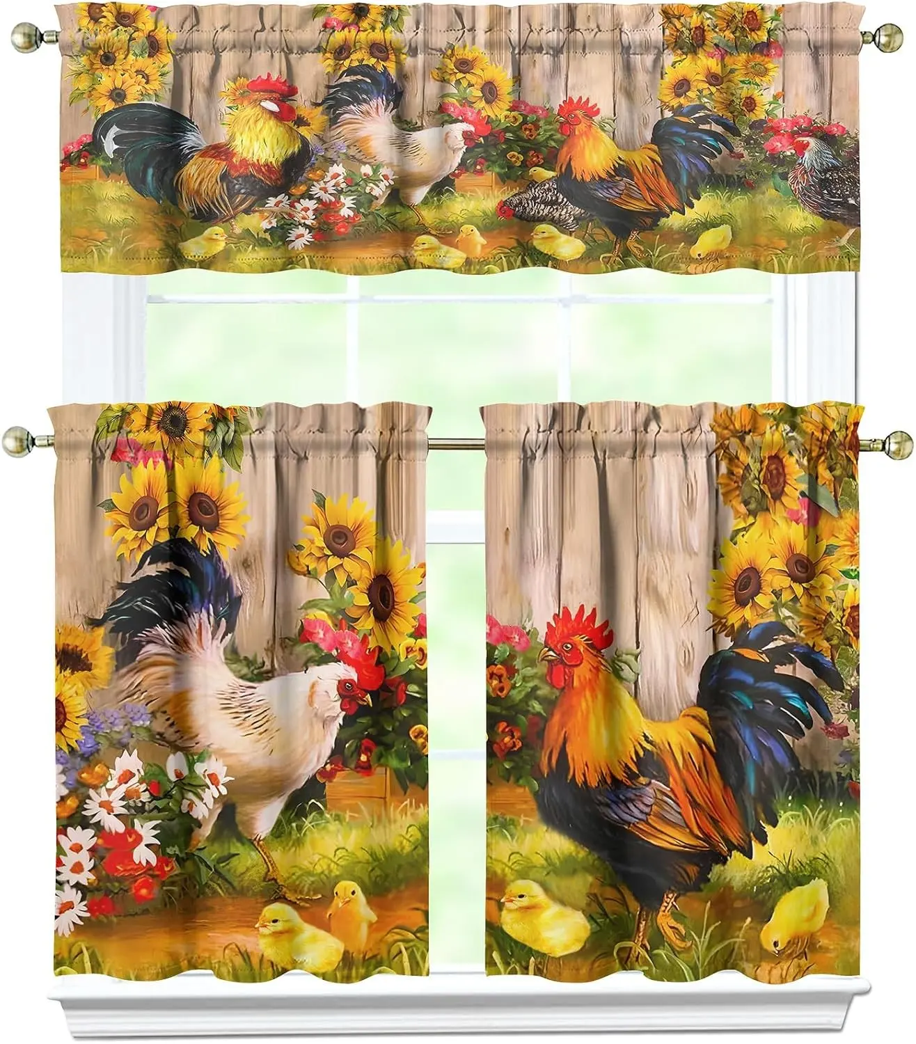 3 Piece Chicken Kitchen Curtains and Valances Set for Windows Rooster Kitchen Window Curtains Over Sink Decor 27.5x36 in