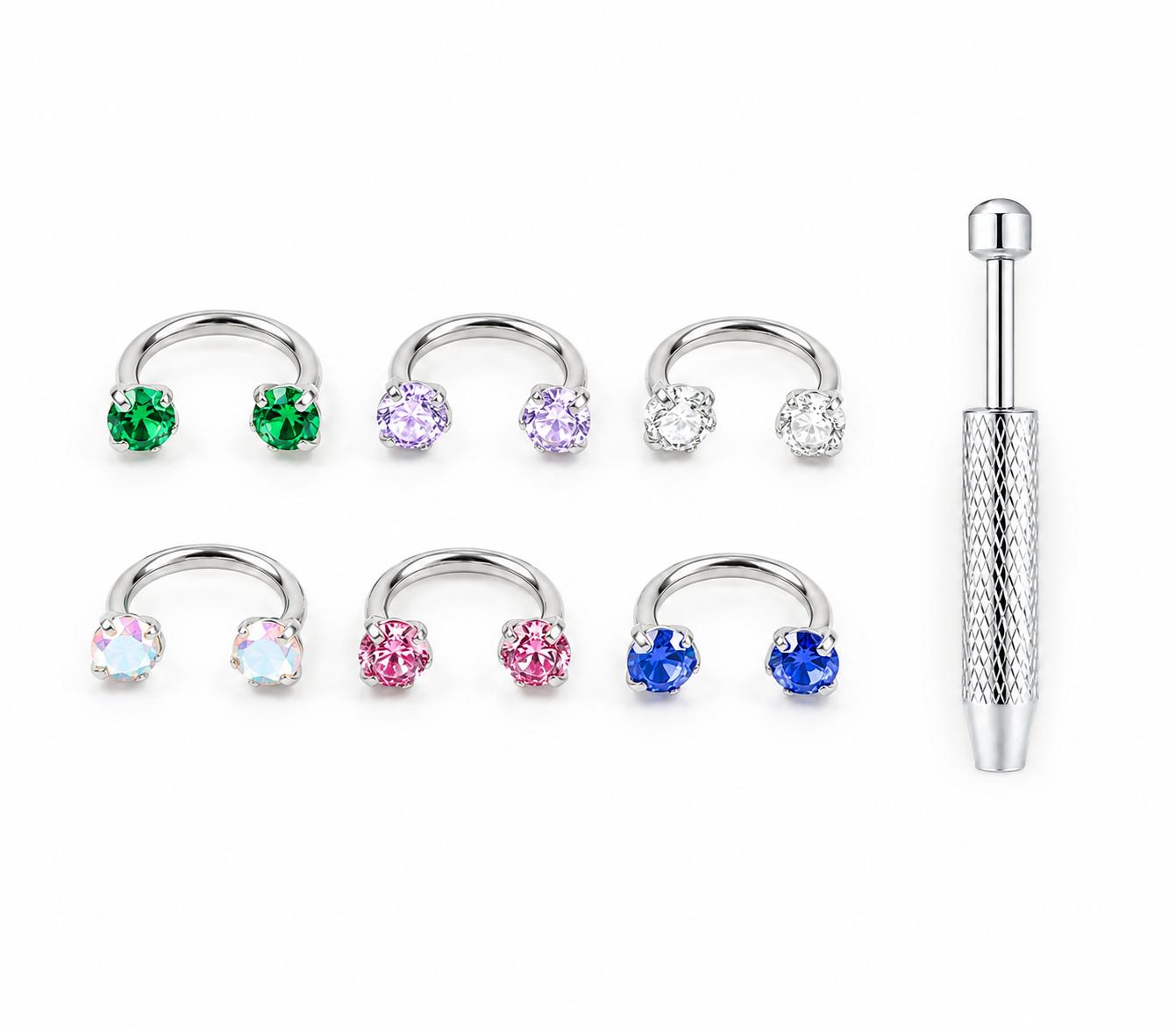 6pcs Value Pack 316L medical-grade titanium steel 18G 1.0mm Horseshoe Nose Hoop Internally Threaded Gems Nose Ring with Free Ball Holder & Guiding Needle