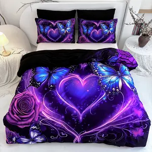 Elegant 3D Butterfly & Rose Bedding Duvet cover Set - Breathable Polyester Fabric with Zipper Closure, Machine Washable, All-Season Comfort - Includes 1 Duvet Cover and 2 Pillowcases (Without Pillow Core)