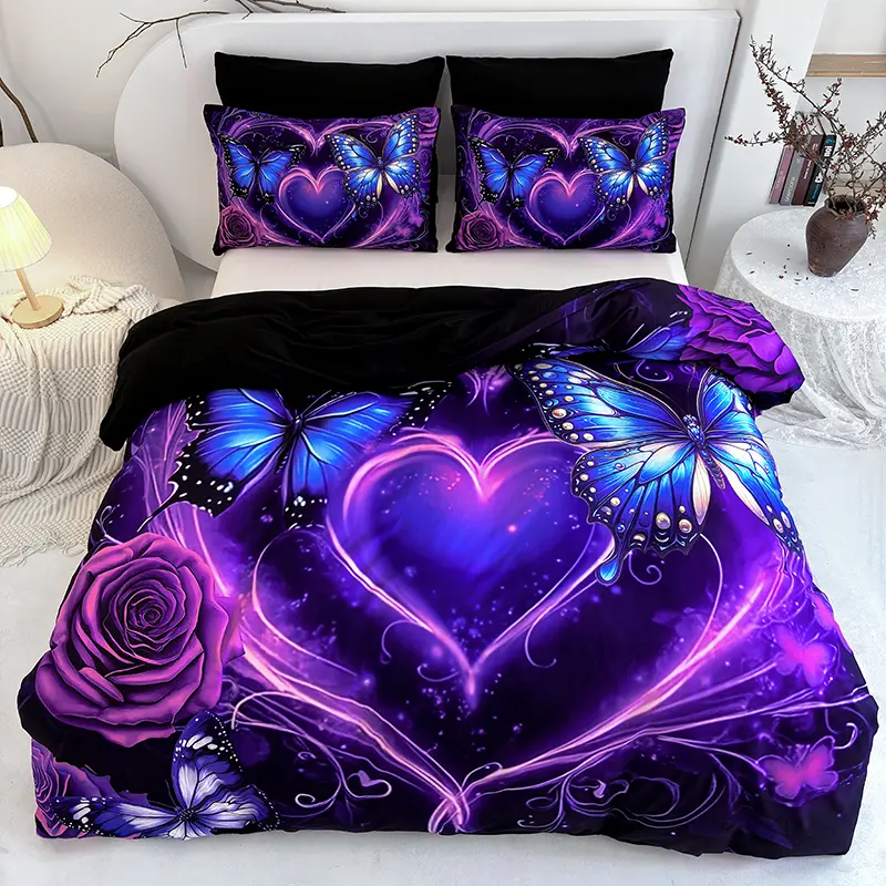 Elegant 3D Butterfly & Rose Bedding Duvet cover Set - Breathable Polyester Fabric with Zipper Closure, Machine Washable, All-Season Comfort - Includes 1 Duvet Cover and 2 Pillowcases (Without Pillow Core) summerwins
