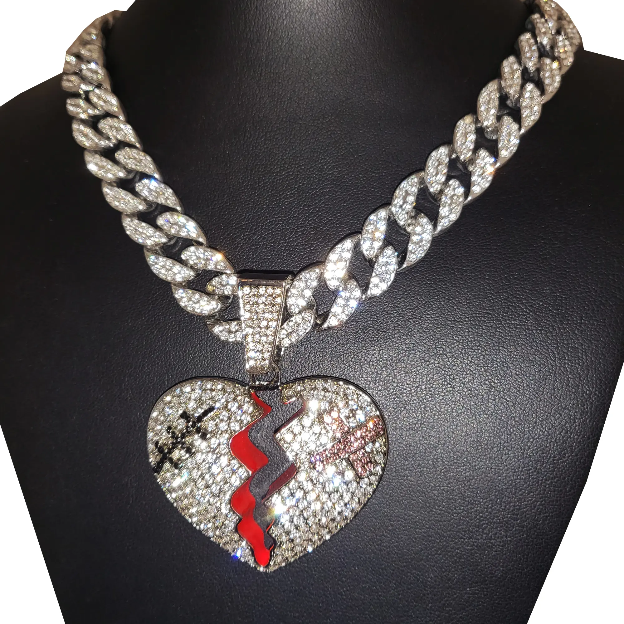 MaxBling81 Large Broken Heart Pendant Heart Shaped Necklace with 15mm Iced Cuban Chain, 16"-30" Length Options, Unisex Hip Hop Costume Jewelry