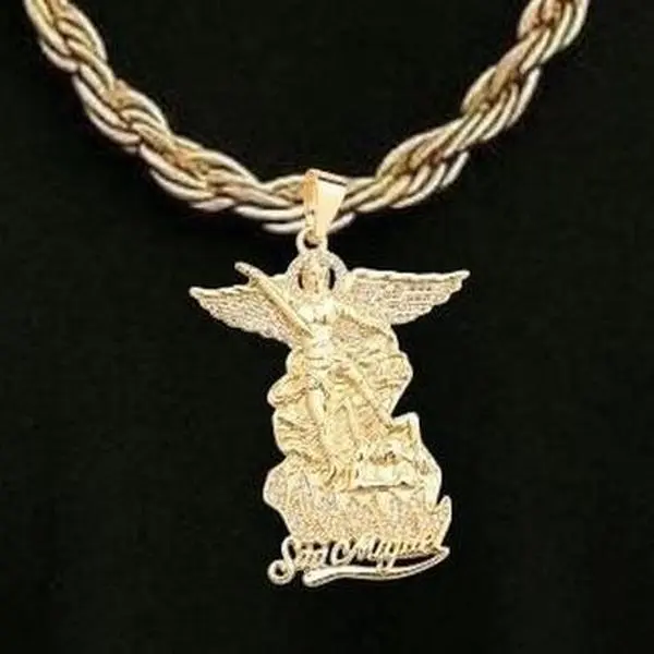 Unisex Saint Michael Archangel Brass Crystal Pendant Necklace - Bling White, 20in 4mm Width Rope Torch Chain, Comfortable Wear, Casual Elegant All Occasions Religious Costume Jewelry, Daily, 20 Inches, Unisex Style Fit