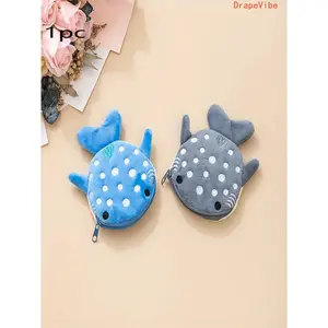 Cartoon Shark Coin Purse Lightweight Fabric Zipper Closure Multi Color Plush Wallet Stylish Daily Storage Pouch For Kids Casual Use