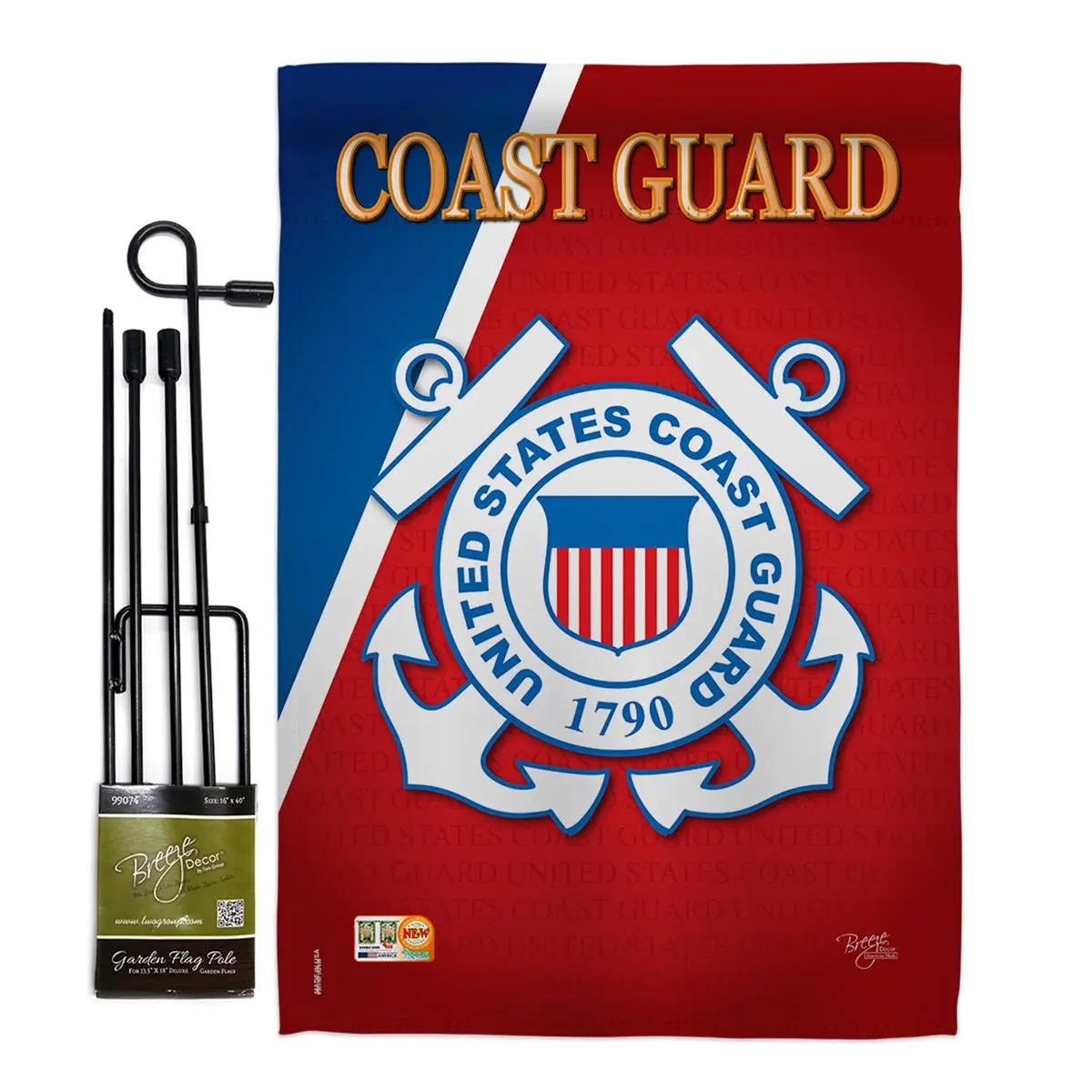 Breeze Decor BD-MI-GS-108056-IP-BO-D-US10-CG 13 x 18.5 in. Coast Guard Americana Military Impressions Decorative Vertical Double Sided Garden Flag Set with Banner Pole, Yard Decor