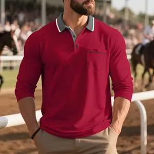 KZZ Men's Long-Sleeve Polo Shirt, Menswear Casual Plain Top, Minimalist Luxury Design with Contrasting Collar and Genuine Pockets for Equestrian Events, Rich Red