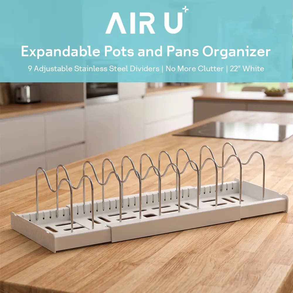 AIR U Expandable Pots and Pans Organizer for Under Cabinet Storage, 9 Adjustable Stainless Steel Dividers Pot Lid Pan Lid Holders Rack for Countertop and Inside Cabinet, 22" White