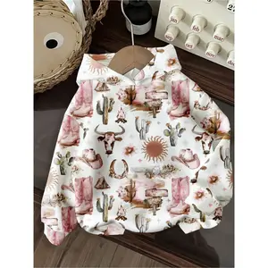 Bandit Top Vintage Western Cowboy Pattern, Back-To-School Printed Hoodie, Fall & Winter Streetwear, Casual Individuality Trendy