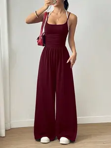 Women's Casual Loose-Fitting Ruched Wide-Leg Pants, Soft Knitted Fabric, Stylish Design for Daily Wear & Versatile, Sleeveless Jumpsuit, Womenswear