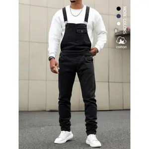 Men's Casual Denim Jumpsuit, Elastic Jean Fabric Adjustable Straps & Pockets, Workwear Overall, All Seasons, Button Fly, Fitted StyleGift