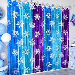 2-Pack Winter Princess Tinsel Fringe Curtains – 3.3x6.6FT Ice-Themed Foil Backdrops for Snowflake Birthday Parties, Photo Booths, and Winter Decor