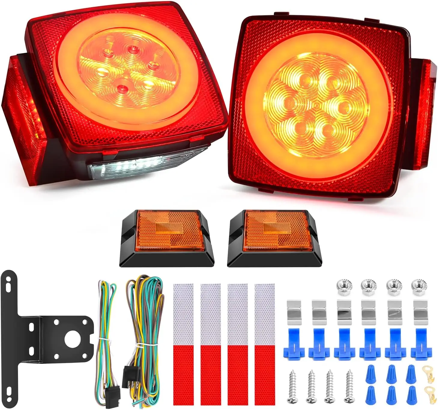 Nilight 2PCS Square LED Tow Lights Kit with Halo Glow, Full-Function LED Chips, 12V Submersible Trailer Stop-Turn-Tail, Side Marker, Clearance & License Lights for Caravan, Boats, Marine (w/Reflective Stickers, TL-41), 7 Full Functions