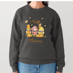 Hello Autumn Nome Sweatshirt - Charcoal Gray with Gnome and Pumpkin Design for Autumn Season Womenswear Hoodie Tops Pullover Casual Long Sleeve Crewneck Halloween pumpkin spice latte cold seasons gift Thanksgiving