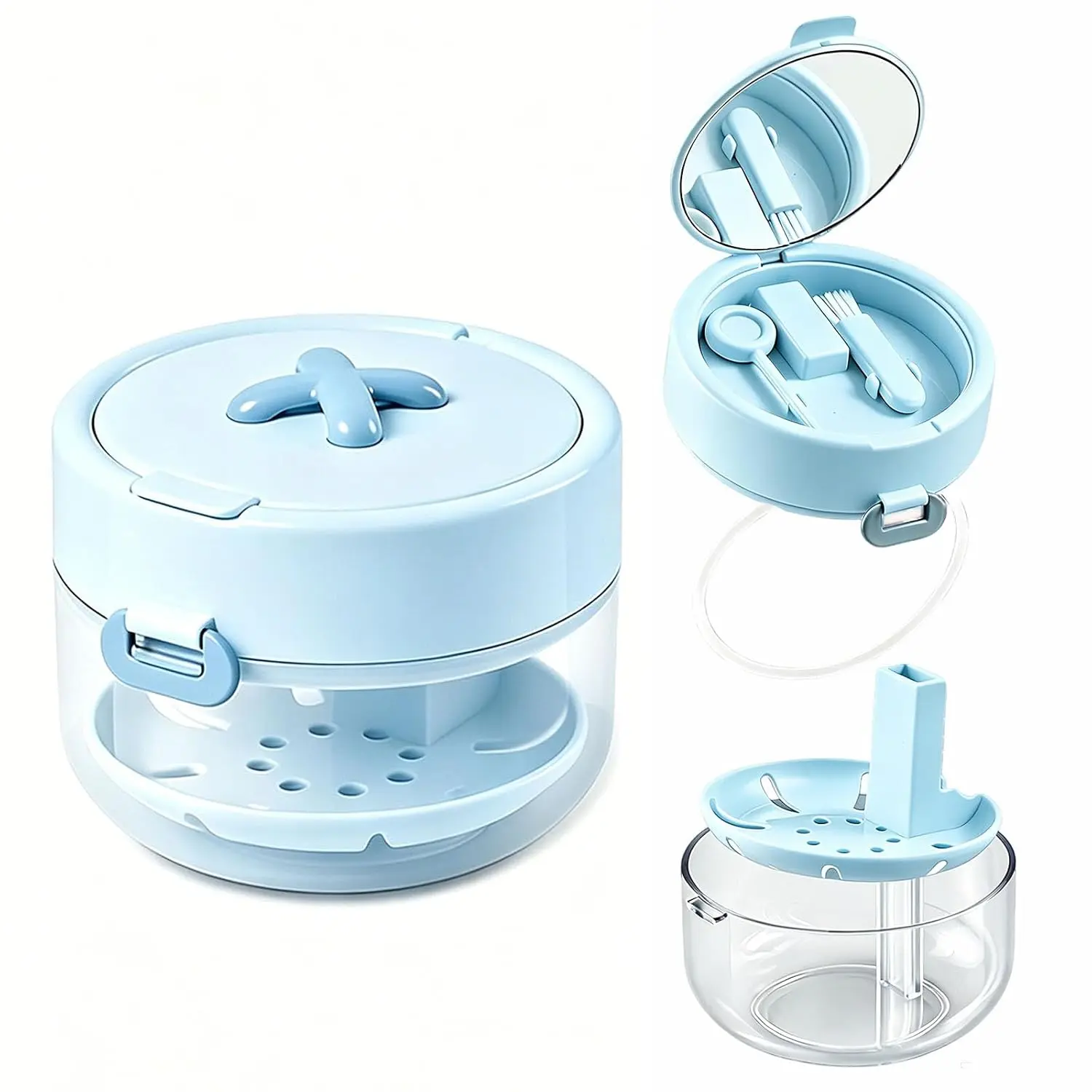 Retainer Cleaner Case Box, Leak proof aligner bath cup with automatic lifting strainer basket, denture case with mirror, brush and cleaning tool for Travel & Home Cleaning with Mirror and Brush