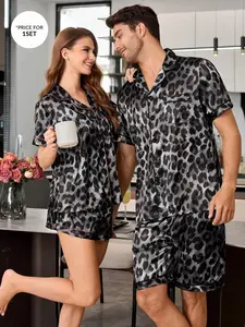 Men's Leopard Print Faux Silk Shawl Collar Short Sleeve Shorts Pajama Set Mocha Brown Textured Pattern Loose Fit Couple Pajamas
