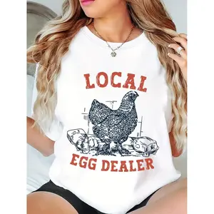 Women's Chicken & Egg Print Round Neck Graphic Tee, Casual Local Egg Dealer T-shirt for Summer Daily Wear, Ladies Clothes, Top