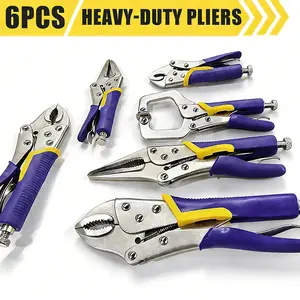 6pcs Heavy-Duty Locking Vice Grips Pliers Set with Needle Nose, Curved Jaw & C-Clamp - Fast Release Vise with Rolling Pouch, Two-Color TPR Handle Suitable for Welding, Woodworking, Metalworking Tools