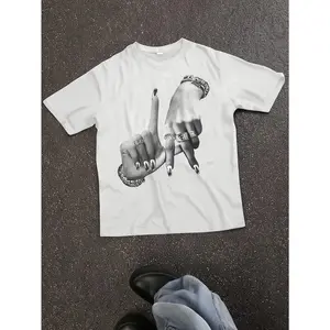 Y2K Style Women's Casual Graphic T-Shirt - White Relaxed Fit Short Sleeve Tee with Black & Gray Rock On Hand Gesture Print, Medium Stretch Round Neck Top for All-Season Wear, Ladies T Shirts, Weekend Outfit, Retro Fashion, Soft Texture, Print Shirt, Fashi