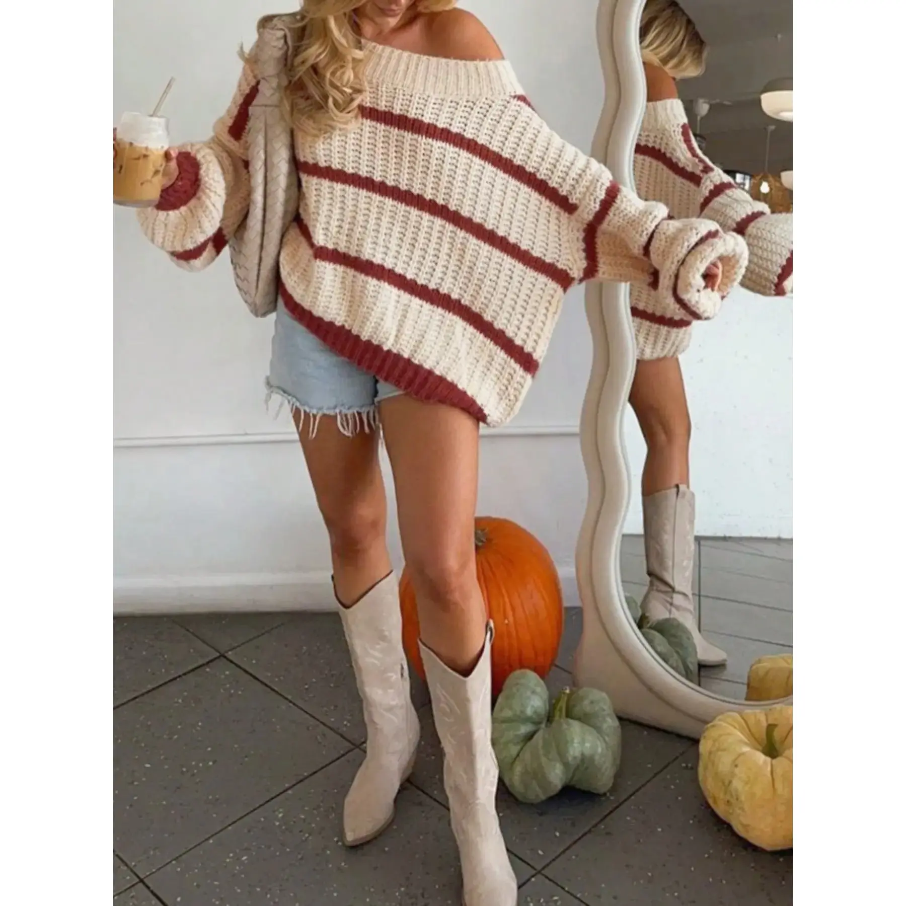 Women's Striped Loose Baggy Knit Sweater, Casual Everyday Round Neck Long Sleeve Pullover, Winter Autumn Wide Fit Patchwork Sweater