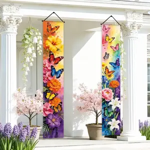 Spring Theme Front Door Porch Sign Banner Set, Rainbow Flower Butterfly Design, Vibrant Polyester, Indoor Outdoor Hanging Decor, Yard Sign Banner