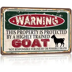 Vintage Goat Metal Sign, Warning this property is protected bY a highly trained Goat Sign Funny Tin Signs 12x8 Inch