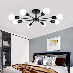 Modern Sputnik Chandelier Black, 8-Light Semi Flush Mount Ceiling Light for Bedroom,Living Room,Dining Room,Kitchen,Office