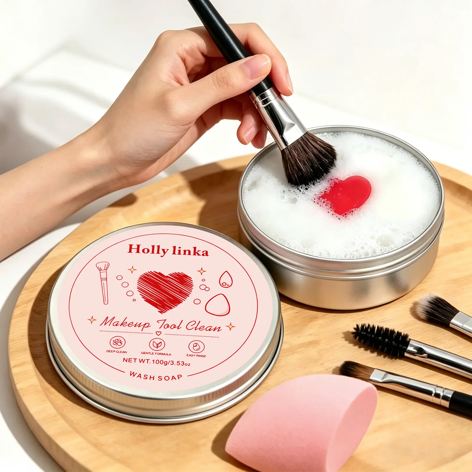 HOLLYLINKA Makeup Brush Cleaner Soap with Silicone Cleaning Pad, Deep Cleansing Solid Cleanser for Makeup Brushes, Beauty Blenders, Sponges & Powder Puffs, 3.52oz