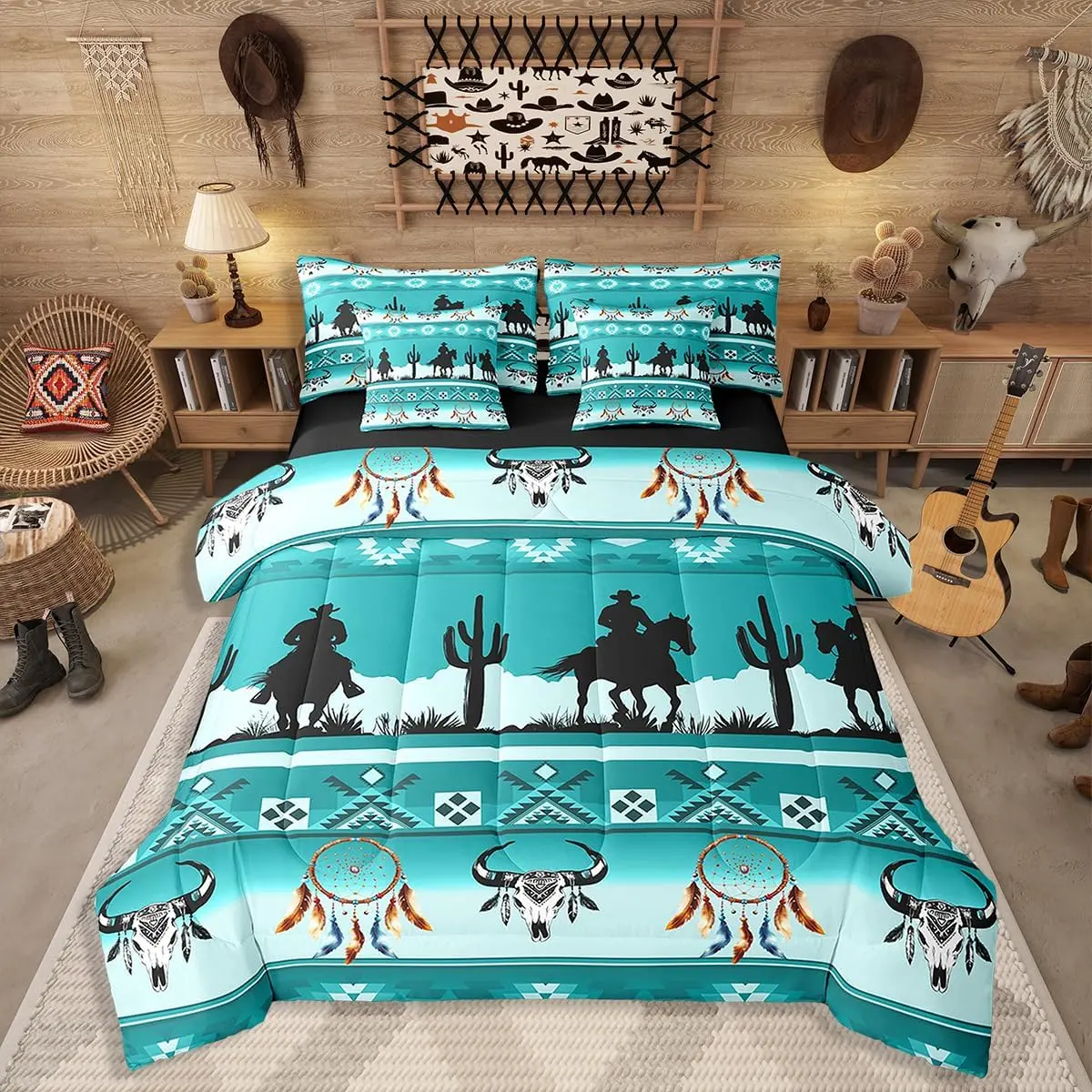 Western Comforter Set,7 Piece Longhorn Skull Dream Catcher Boho Bedding Set for Kids Teens Adult Bedroom