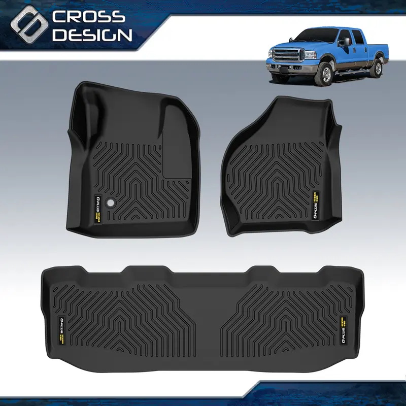 CROSSDESIGN Synthetic Automotive Mats, 3-Pc Front & Upgraded 2nd Row Black Set, Fit for Multiple Years 1999-2026 Ford F-250 F-350 F-450 F-550 Super Duty Crew Cab/SuperCab, Waterproof Slip-Proof All-Weather Easy-Maintenance Car Accessory