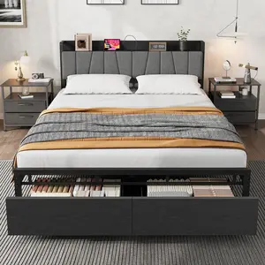 Industrial Bed Frame with Storage Headboard, Charging Station & 2 Drawers, No Box Spring