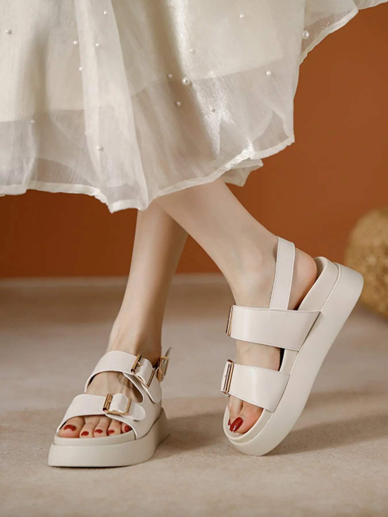 Women's Platform Sandals, Peach Color Thick Sole High Heel Slippers, Fashionable Outdoor Wear, Double Layered Comfort Shoes