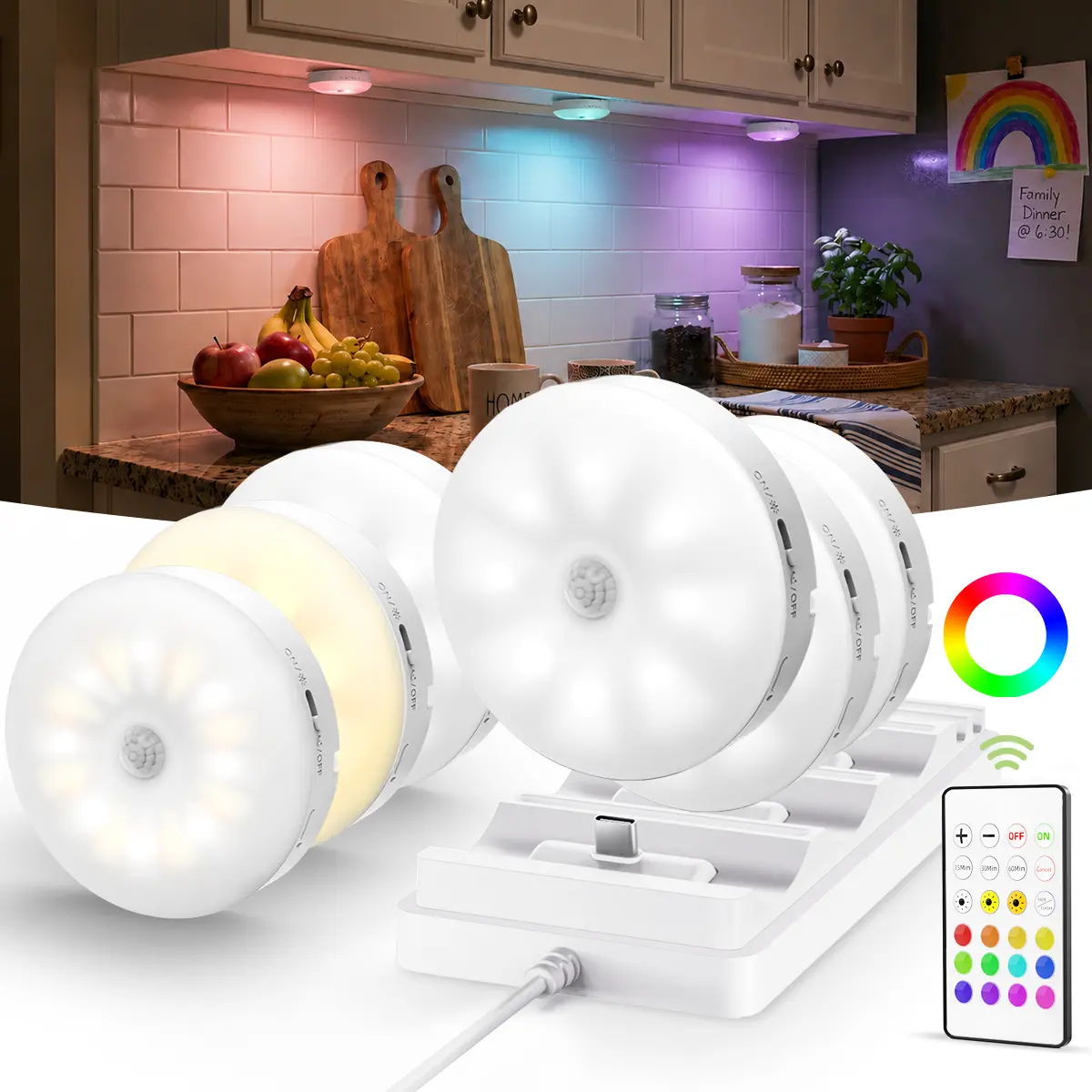 EZVALO Under Cabinet Lighting with Charging Station, 1000mAh Rechargeable Puck Lights with Remote, 3 Color Temps & RGB Closet Lights, Dimmable Motion Sensor Closet Lights for Shelf, Kitchen Easy Installation Renter-Friendly
