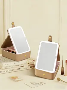 Travel LED Makeup Mirror with Storage, Portable Foldable Beauty Box, Three Color Lights Leather Organizer, Ideal Gift for Women
