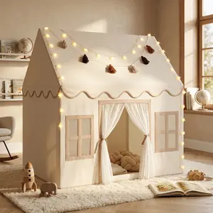 Apojungle Neutral Kids Play Tent with Star Lights & Tassels - Indoor Cottage Playhouse for Toddlers.Spacious Kids Play Tent with Breathable Windows & Star Lights - Perfect Gift for Toddlers, Indoor Use