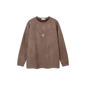 Men's Embroidery Drop Shoulder Suede Sweatshirt, Loose Casual Long Sleeve Round Neck Pullover for Fall & Winter, Men's Clothes for Daily WearGift