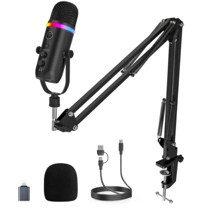 ZealSound K66 Pros Podcast Microphone for PC/Mac/iPhone – USB Studio Mic with Noise Cancellation, RGB Lighting, Mute, Gain, Monitoring & Echo, Boom Arm & Pop Filter, Streaming, Recording, Singing, ASMR, TikTok, PS4/5, YouTube,techvibes