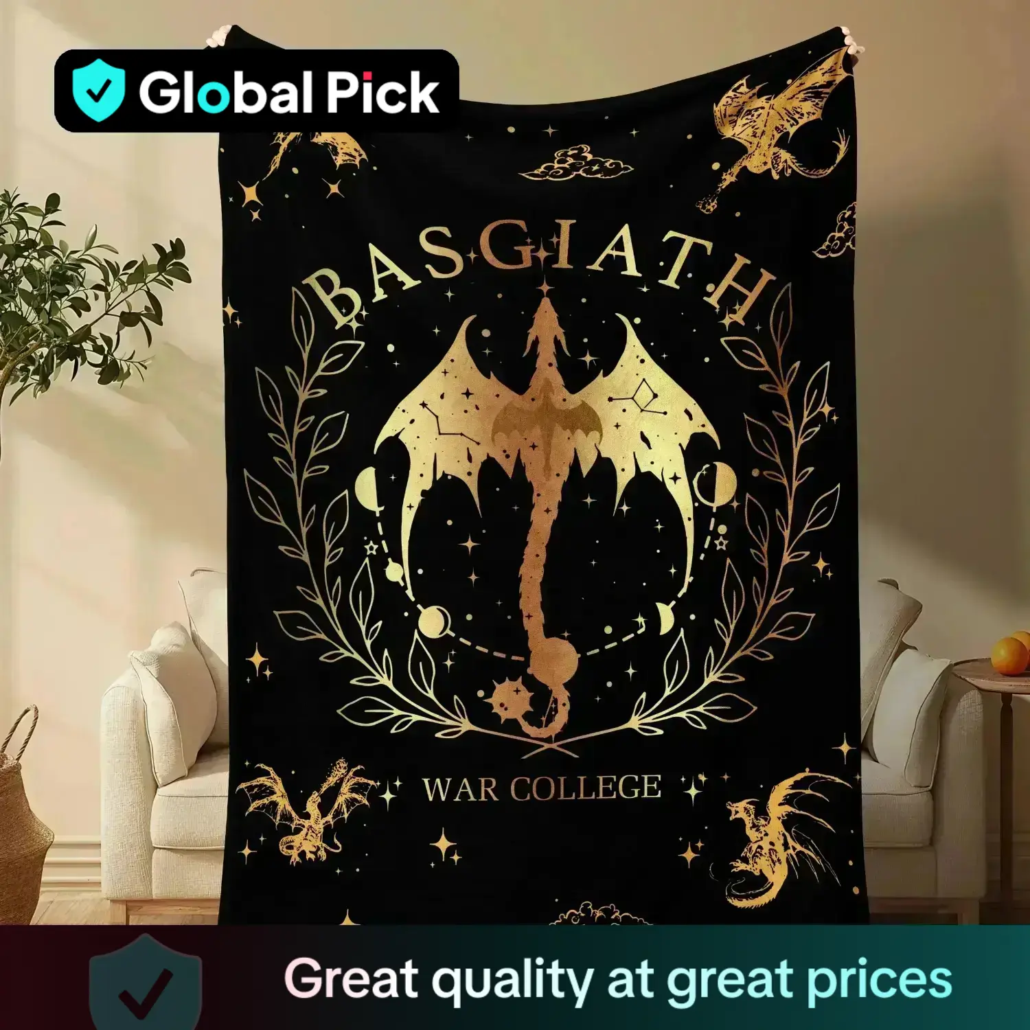 Fourth Wing Basgiath War College Blanket Gold Dragon Crest Constellation Fantasy Book Inspired Throw Gift for Readers Fans Teens Adults