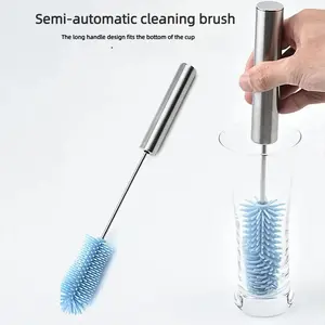 Semi-Automatic Rotating Cleaning Brush Silicone Baby Bottle Brush Press Type Water Cup Tea Cup Glass Cup Cleaner Long Handle Design Fits Bottom