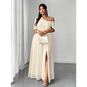 Plus Size Women Elegant Romantic Wedding/Party Chiffon Asymmetrical Hem Slit Dress Formal Fit