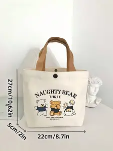 Canvas Lunch Tote Bag – “Naughty Bear” Mini Handbag for Students and Office Use