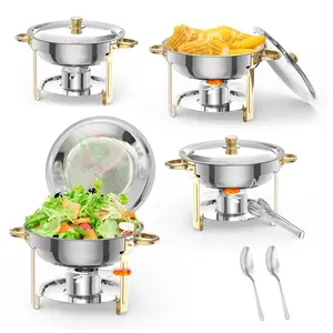 5QT Round Buffet Chafing Dishes Set of 6 - NSF Certified Stainless Steel Food Warmer with Cool-Touch Handles & Fuel Holders - Complete Catering Server Kit with Serving Spoons & Tongs