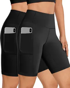 2 Pack High Waisted Biker Shorts Women Tummy Control with Pocket 8" Yoga Running Workout Spandex Compression Shorts