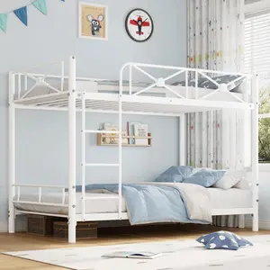 Industrial Twin Over Twin Bunk Bed, Heavy-Duty Steel Frame, Safety Guard Rails, Quiet Slats, Space-Saving Design, Multi-Room Use (Kids, School, Bedroom), White